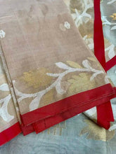 Semi Muslin Jamdani Beige Saree, Festive Red - Saree - Aakritee - S10525